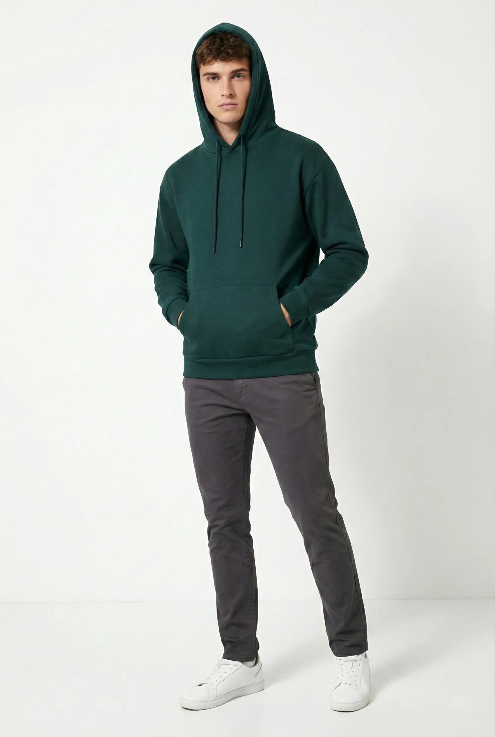 Erkek Kapüşonlu Şardonlu Regular fit Basic Sweatshirt - Yeşil