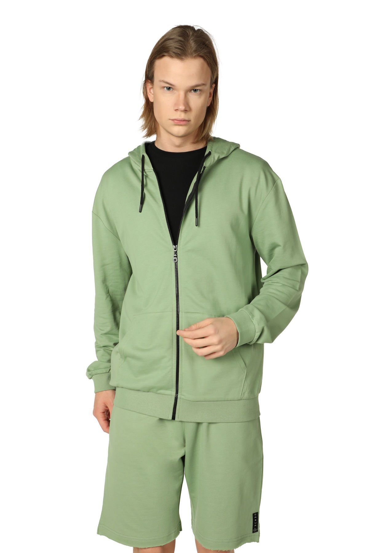 Erkek Kapüşonlu Fermuarlı Oversıze Sweatshırt - Haki