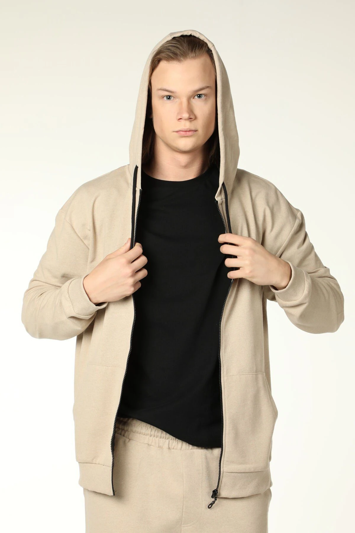 Erkek Kapüşonlu Fermuarlı Oversize Sweatshirt - Bej Melanj