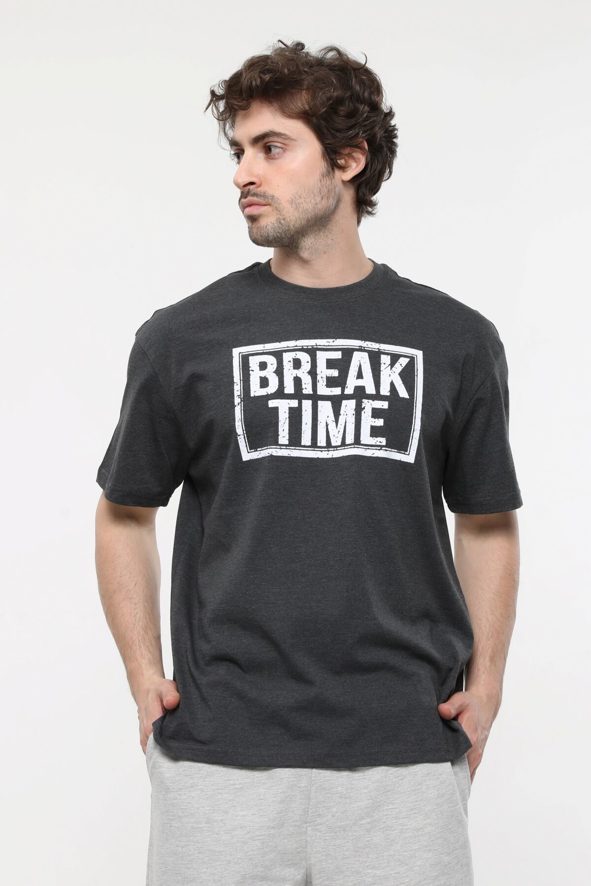 Erkek Bisiklet Yaka Kısa Kollu Oversize Fit Baskılı Tişört - Rent - Antrasit Melanj