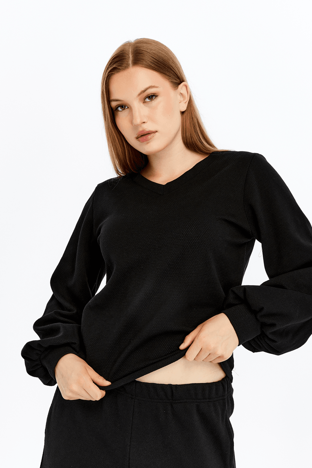 Kadın V Yaka Balon Kol Regular Fit Basic Bluz