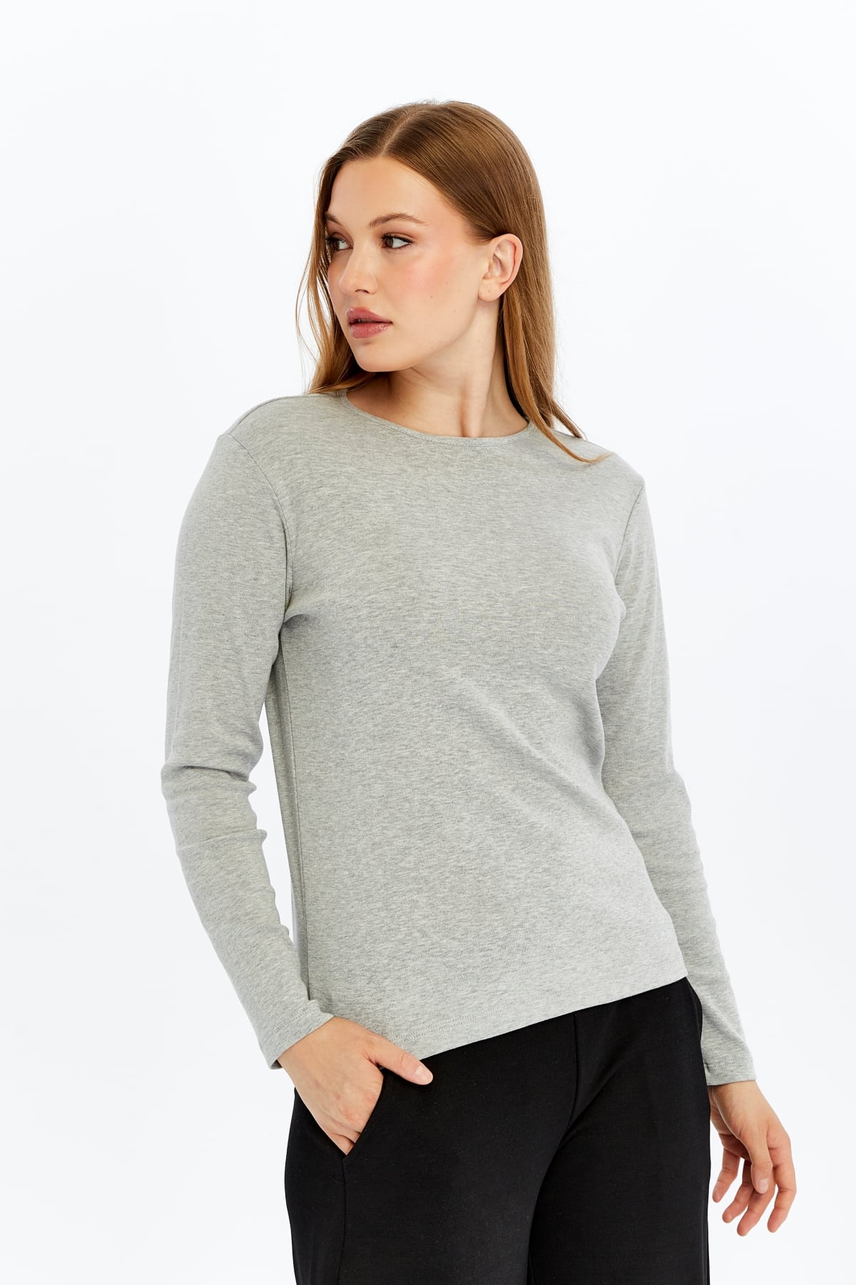 Kadın Bisiklet Yaka Uzun Kollu Regular Fit Basic Tişört - GRİ MELANJ