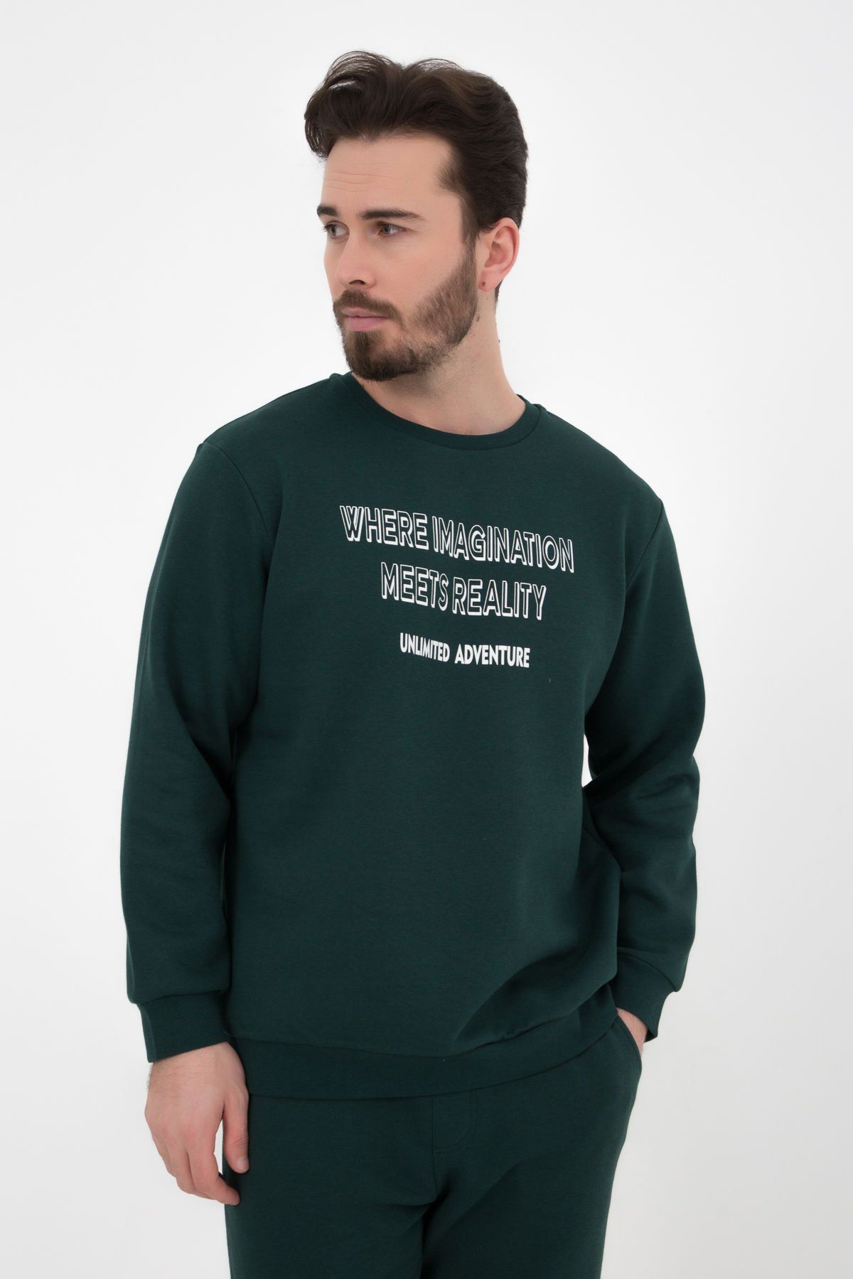 Erkek Bisiklet Yaka Regular Fit Baskılı Sweatshirt - Yeşil