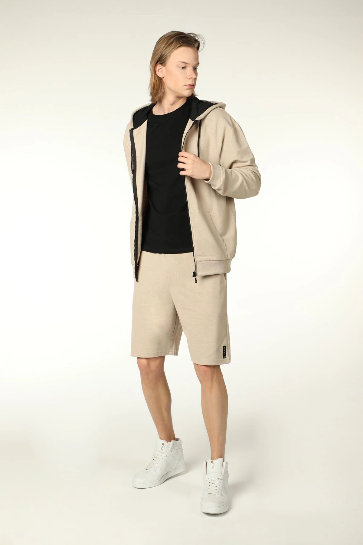 Erkek Kapüşonlu Fermuarlı Oversize Sweatshirt - Bej Melanj