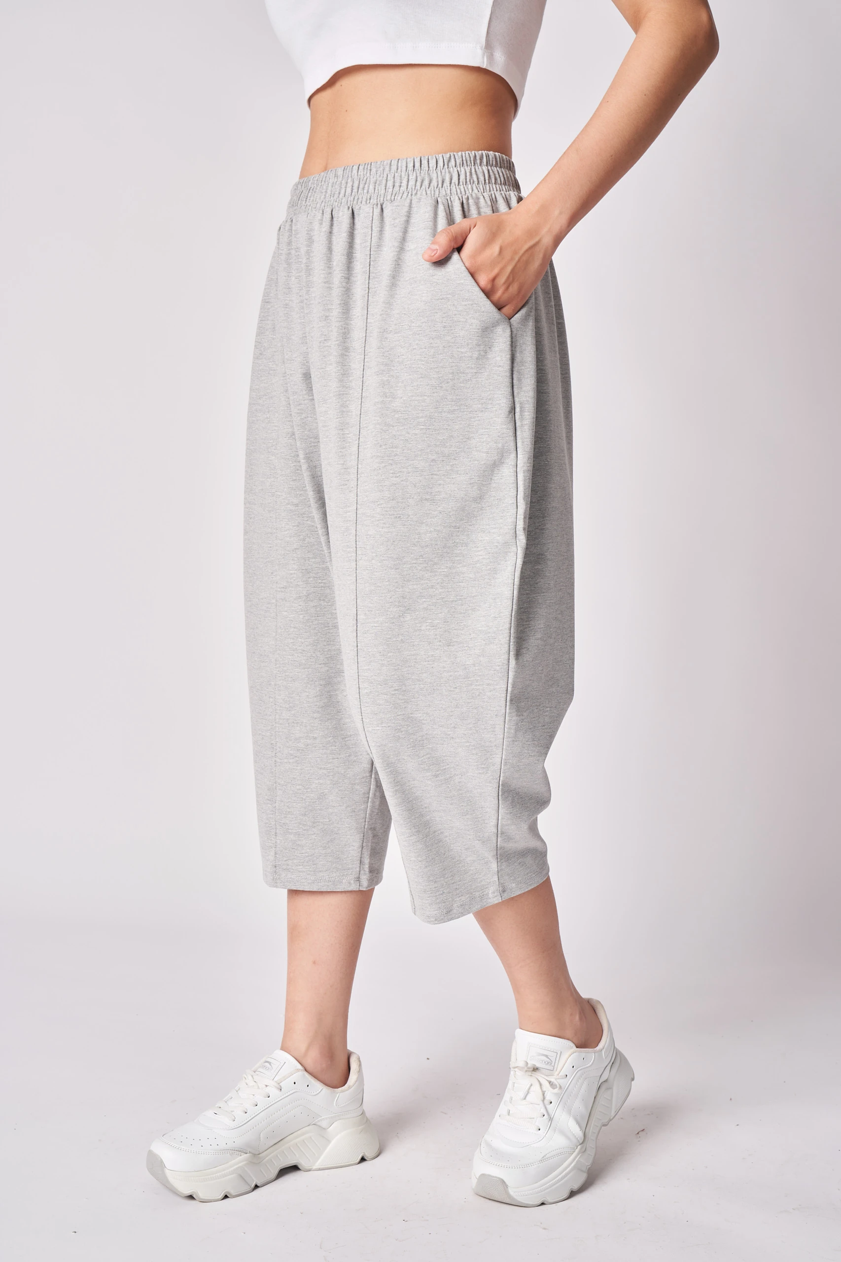 Kadın Beli Lastikli Regular Fit Dikiş Detaylı Şalvar Pantolon - Gri Melanj