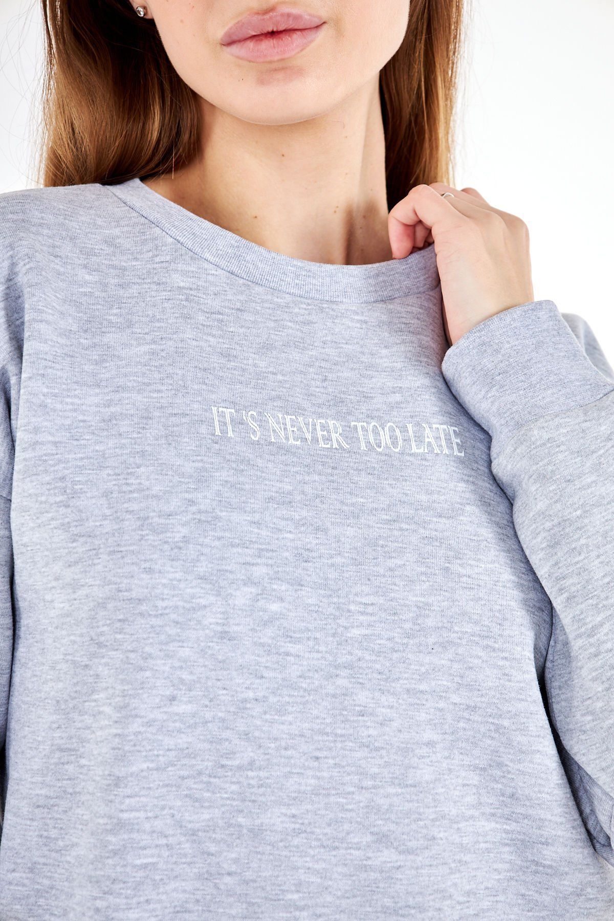 Kadın Bisiklet Yaka Regular Fit Baskılı Sweatshirt - Gri Melanj