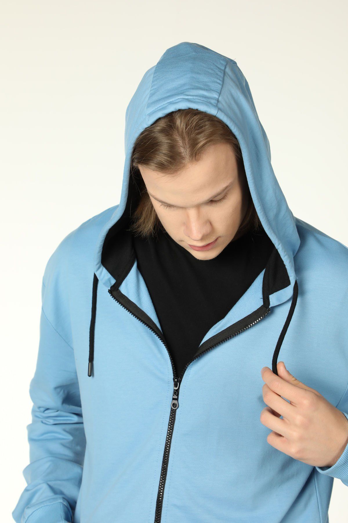 Erkek Kapüşonlu Fermuarlı Oversize Sweatshirt - Mavi