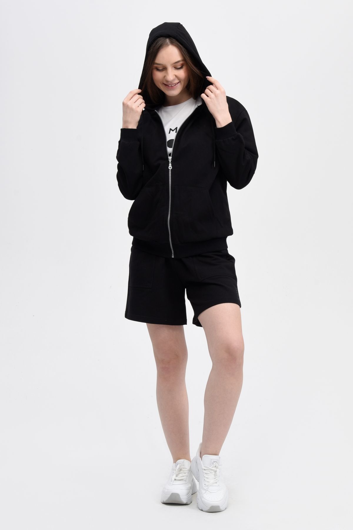 Kadın Kapüşonlu Fermuarlı Oversıze Sweatshırt - Siyah