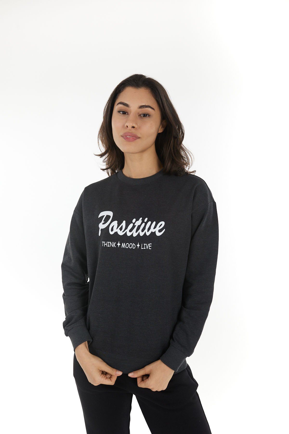 Kadın Bisiklet Yaka Regular Fit Baskılı Sweatshirt - Antrasit