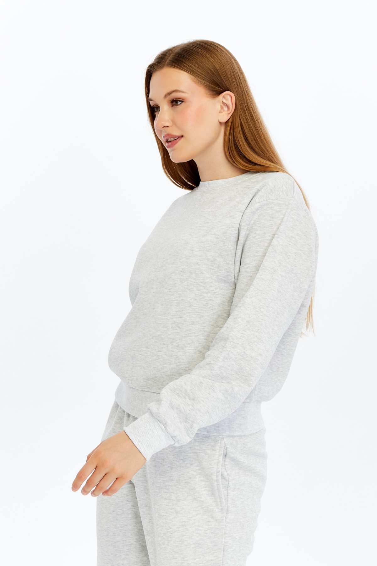 Kadın Bisiklet Yaka Regular Fit Basic Sweatshirt - Gri Melanj