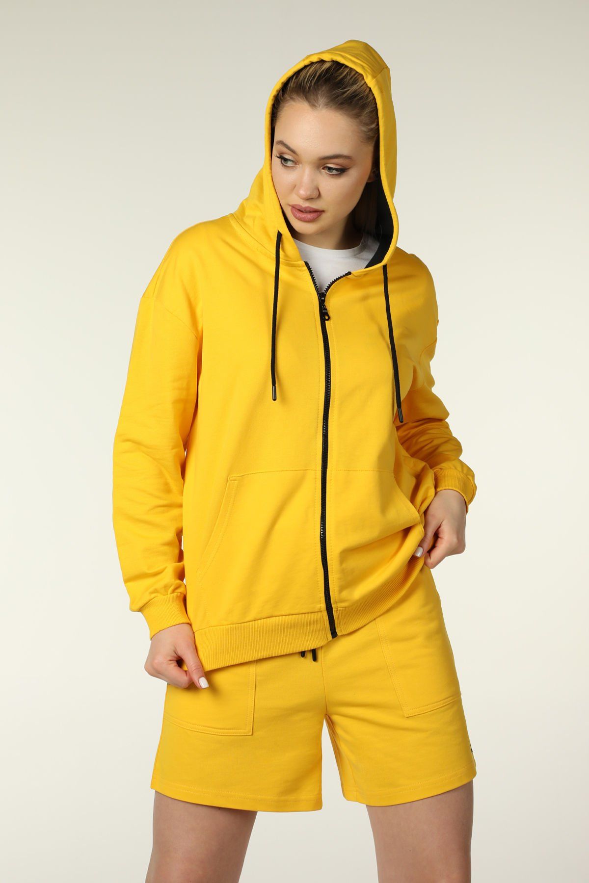Kadın Kapüşonlu Fermuarlı Oversıze Sweatshırt - Sarı