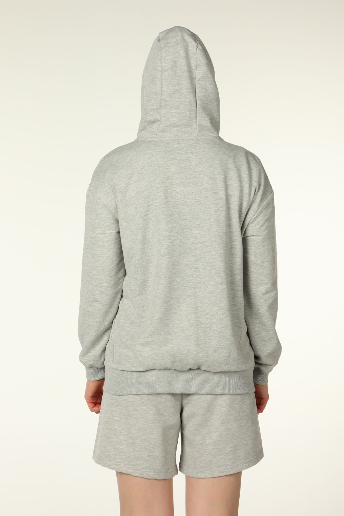 Kadın Kapüşonlu Fermuarlı Oversıze Sweatshırt - Gri Melanj