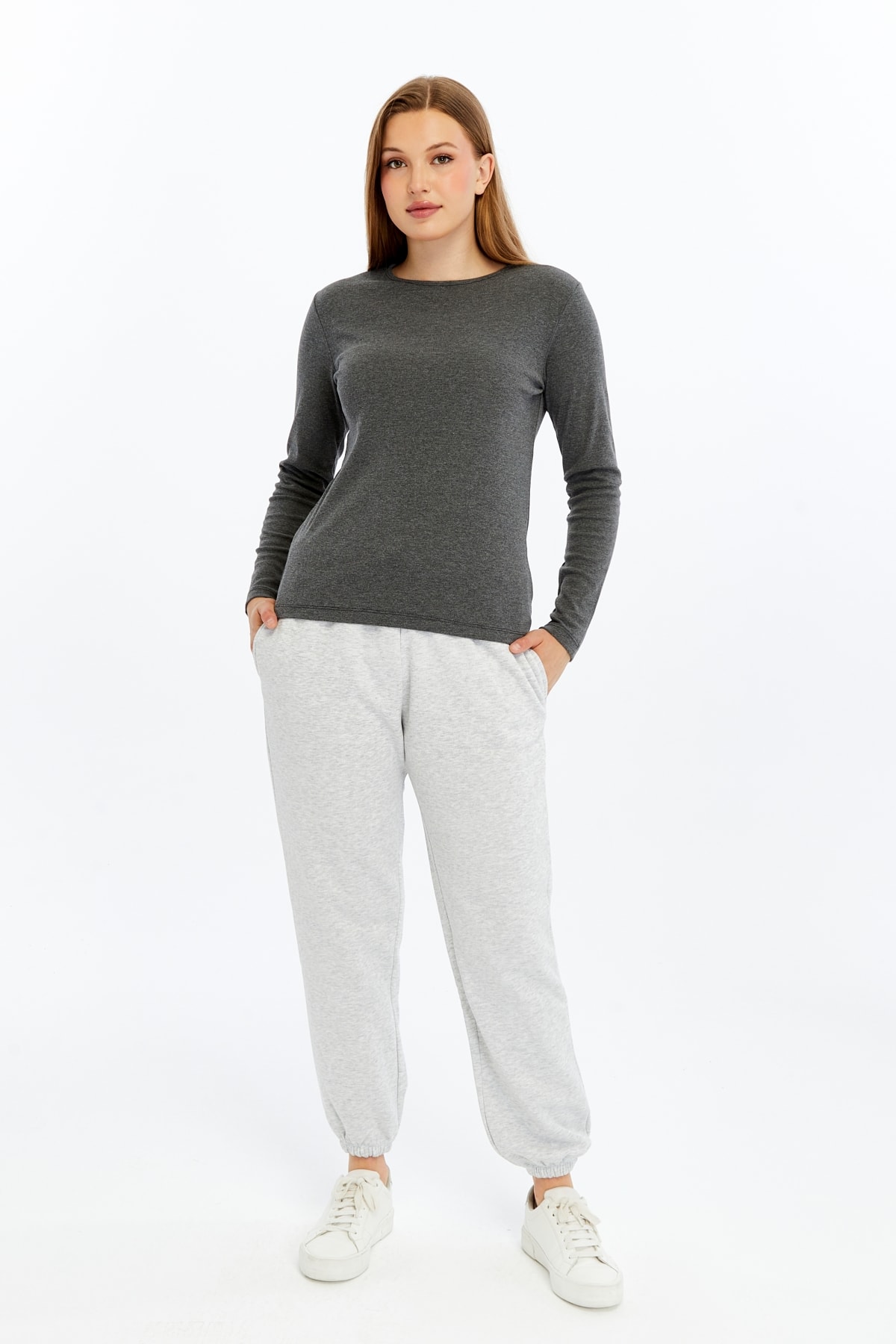 Kadın Bisiklet Yaka Uzun Kollu Regular Fit Basic Tişört - ANTRASİT