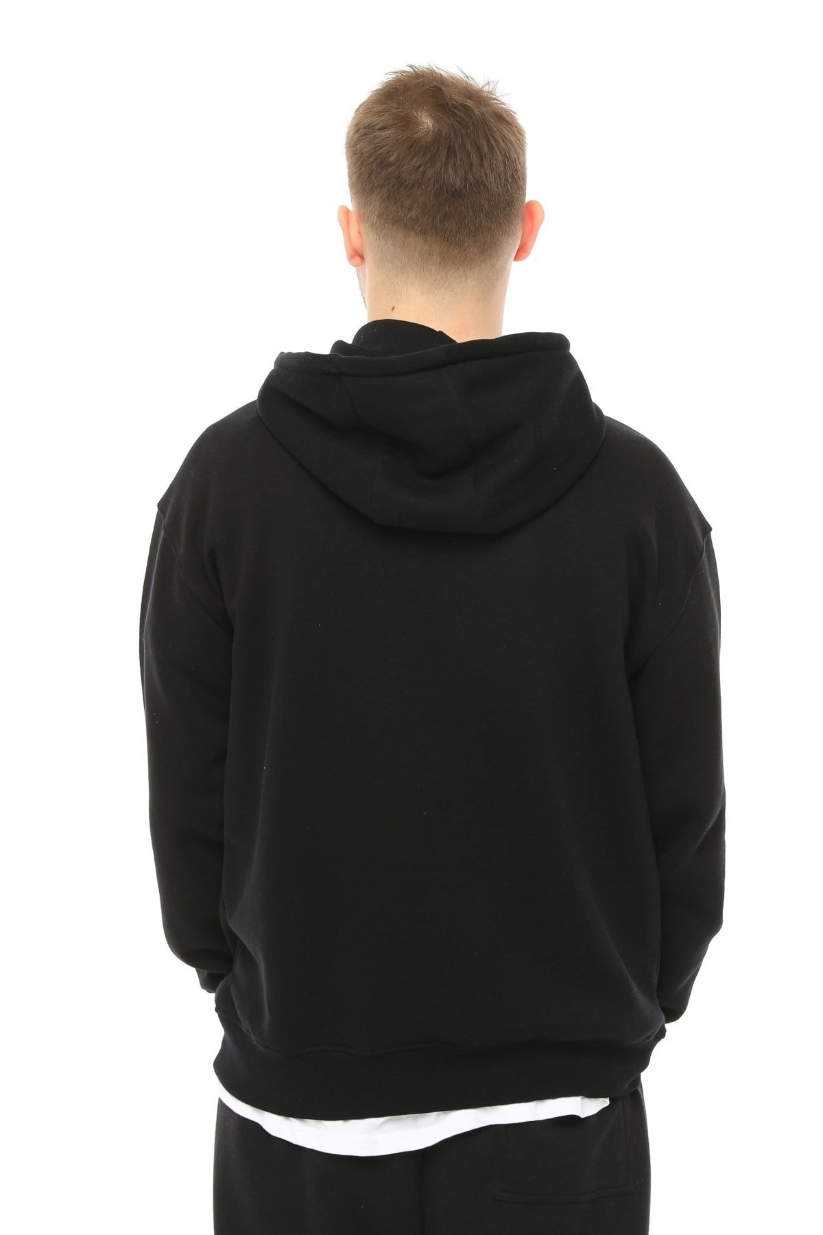 Erkek Kapüşonlu Şardonlu Oversize Basic Sweatshirt - SİYAH