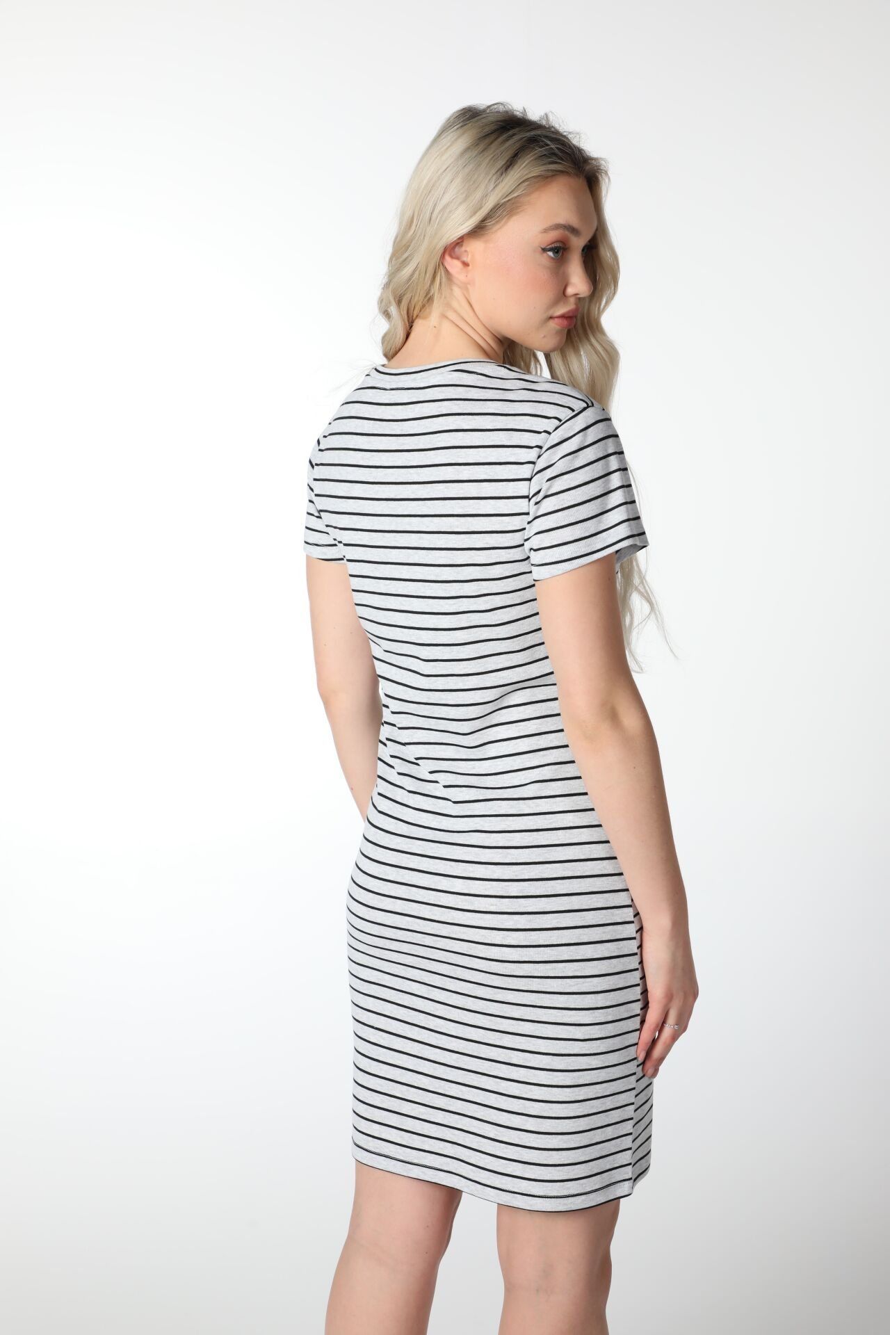 Kadın Regular Fit Çizgili Kısa Kollu Elbise - Gri