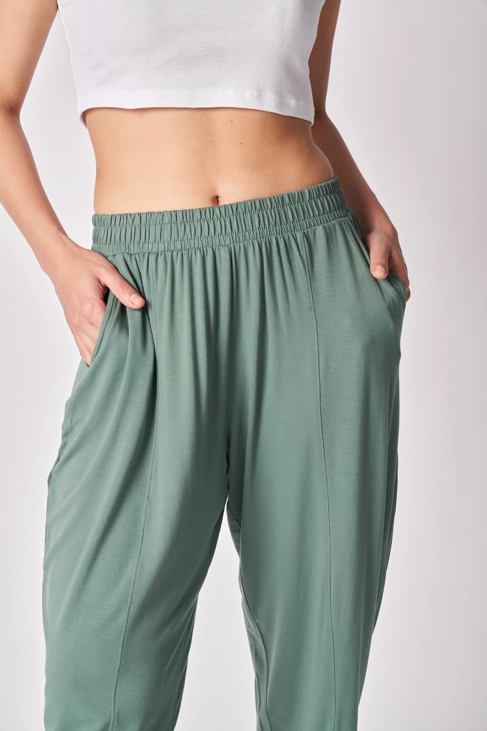 Kadın Beli Lastikli Regular Fit Dikiş Detaylı Şalvar Pantolon - Haki