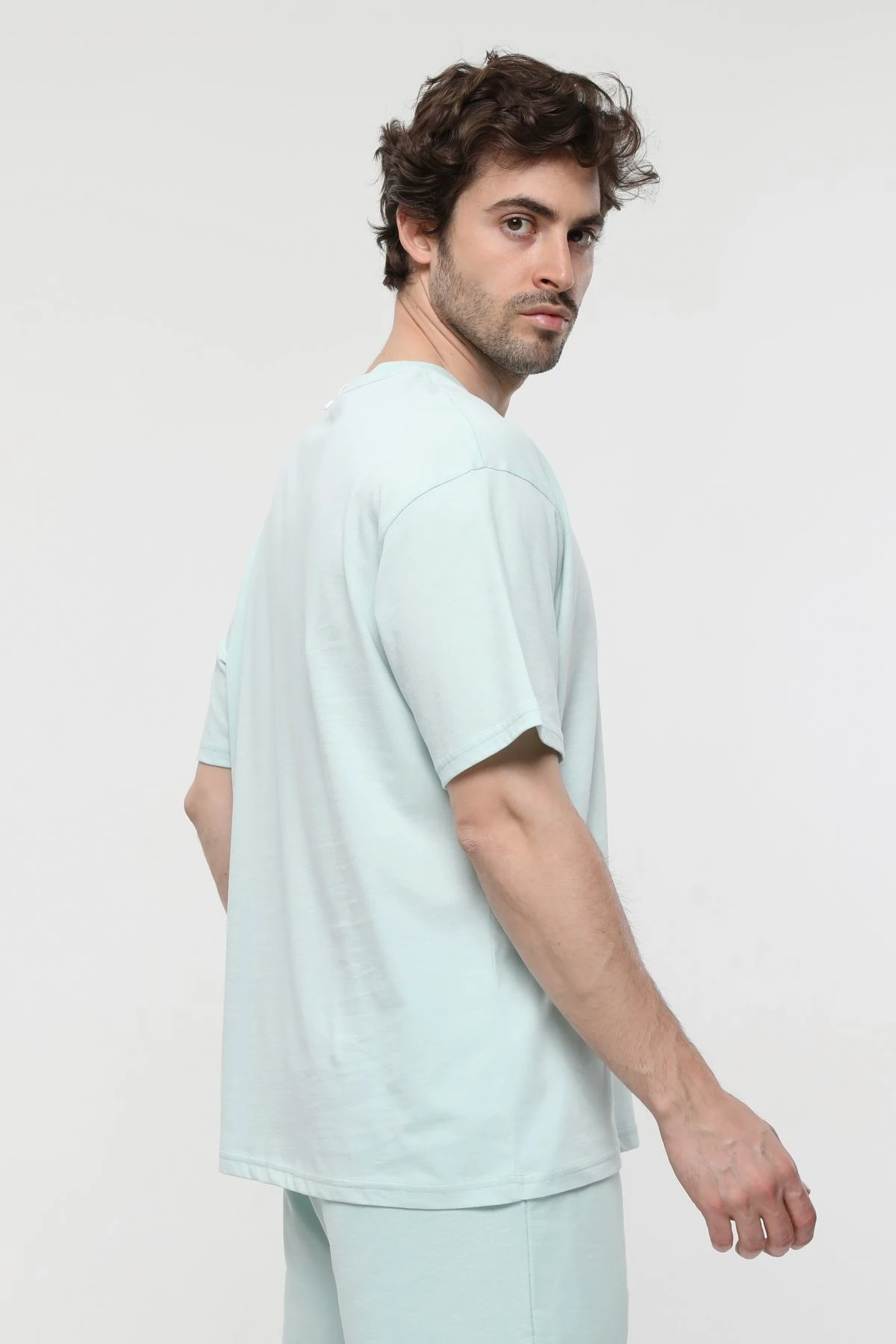 Erkek Bisiklet Yaka Kısa Kollu Oversize Fit Baskılı Tişört - Ragen - Su Yeşili