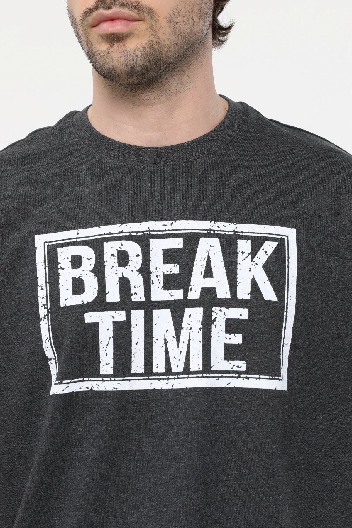 Erkek Bisiklet Yaka Kısa Kollu Oversize Fit Baskılı Tişört - Rent - Antrasit Melanj