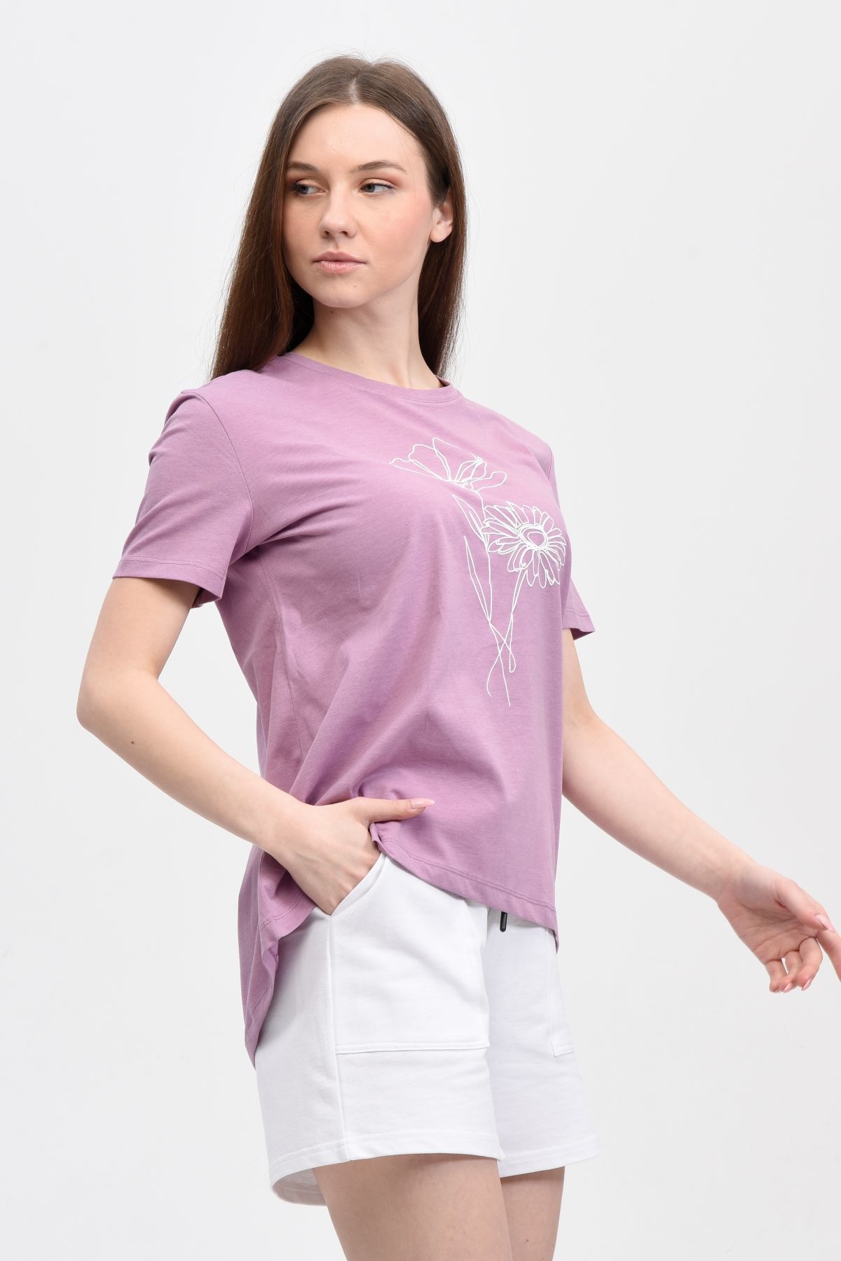 Kadın Bisiklet Yaka Kısa Kollu Regular Fit Baskılı Tişört - MOR