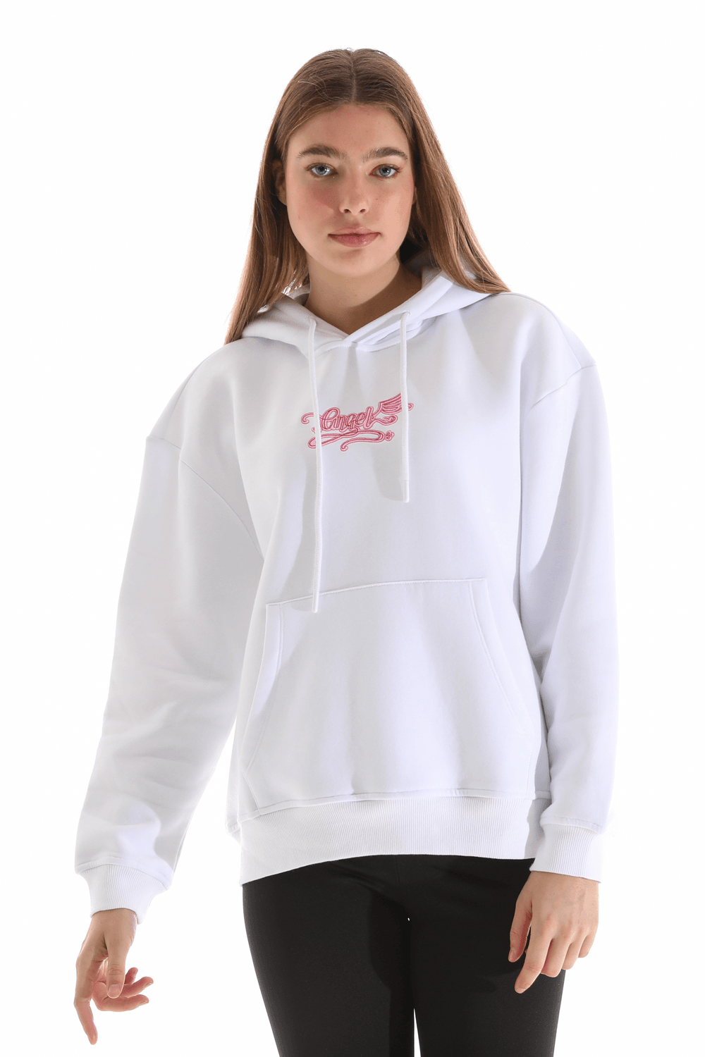 Kadın Kapüşonlu Regular Fit Şardonlu Nakışlı Sweatshirt - BEYAZ