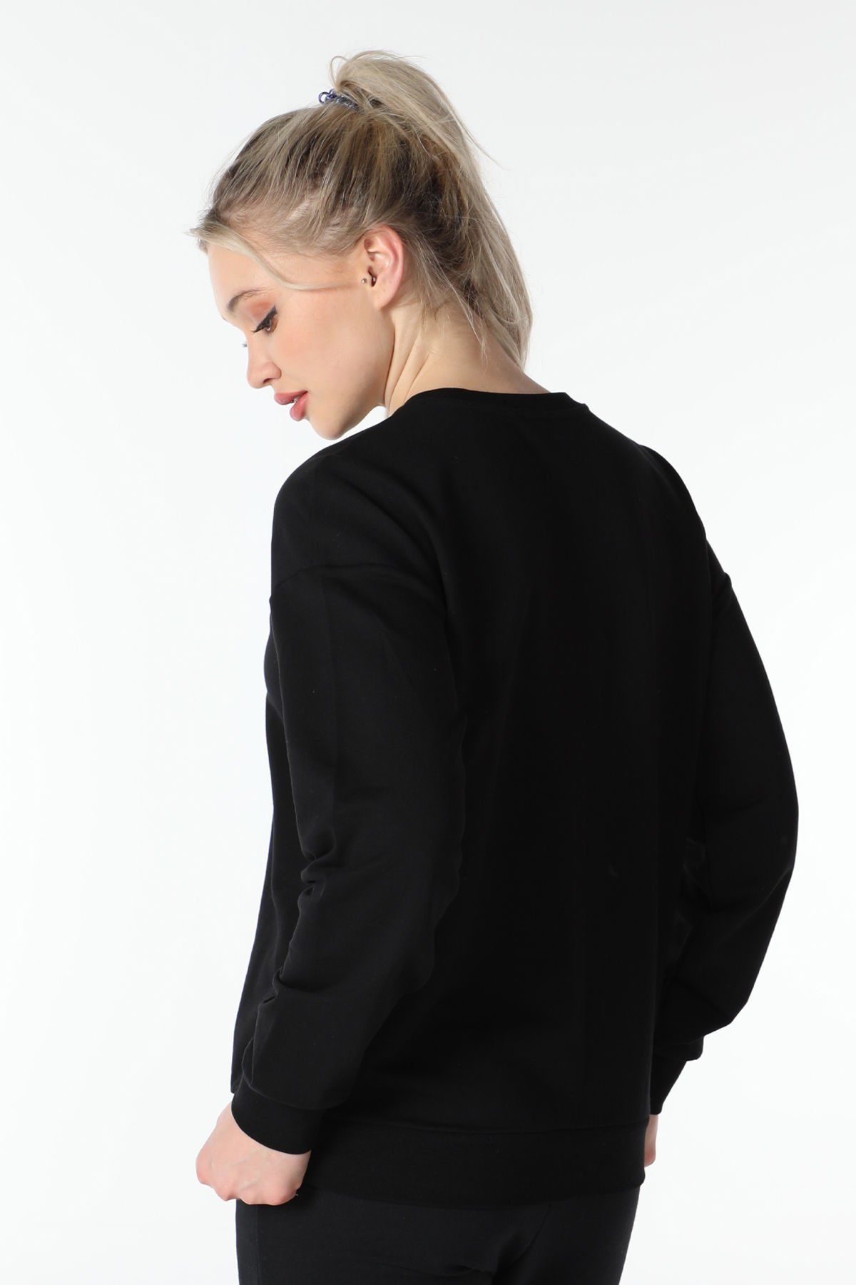 Kadın Bisiklet Yaka Regular Fit Baskılı Sweatshirt - Siyah