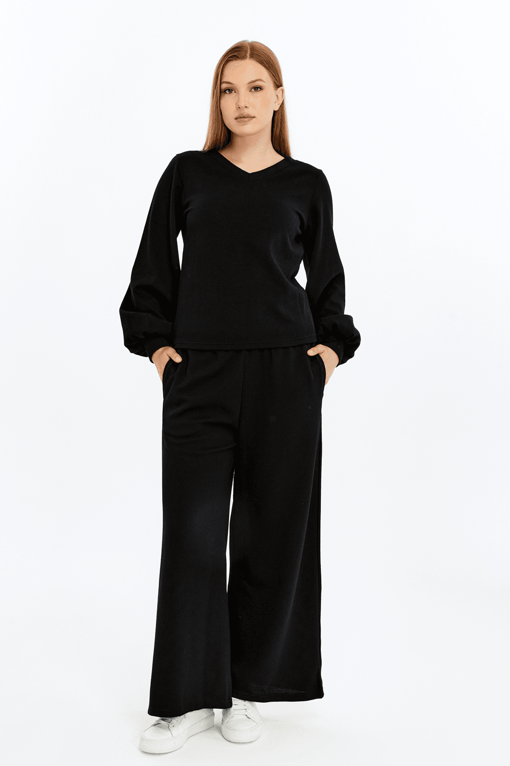 Kadın V Yaka Balon Kol Regular Fit Basic Bluz - SIYAH