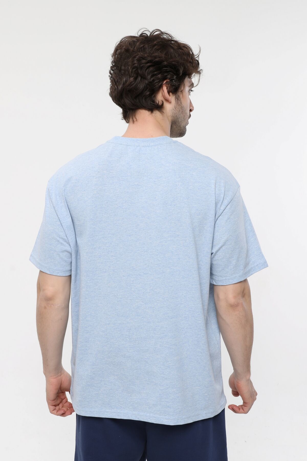 Erkek Bisiklet Yaka Kısa Kollu Oversize Fit Baskılı Tişört - Ragen - Mavi Melanj