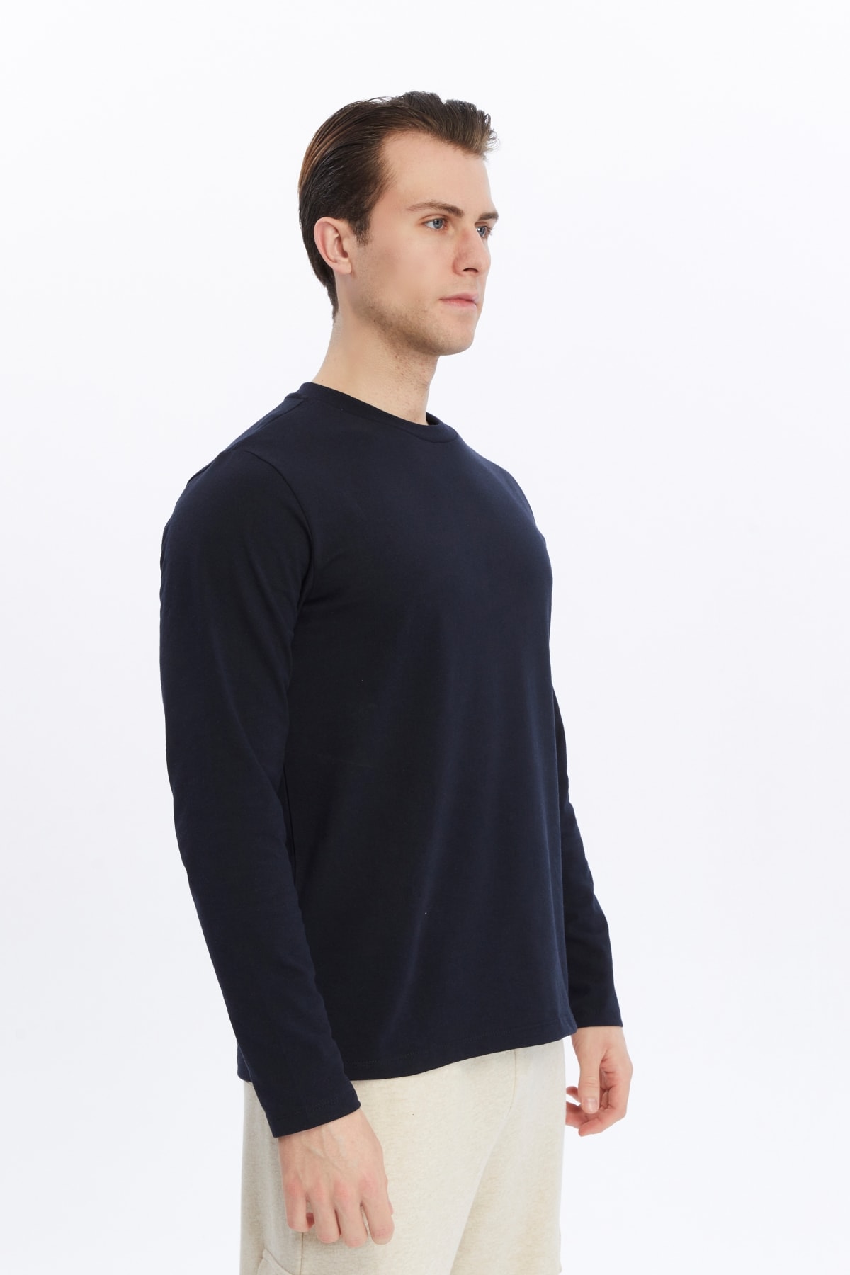 Erkek Bisiklet Yaka Uzun Kollu Regular Fit Basic Tişört - Lacivert