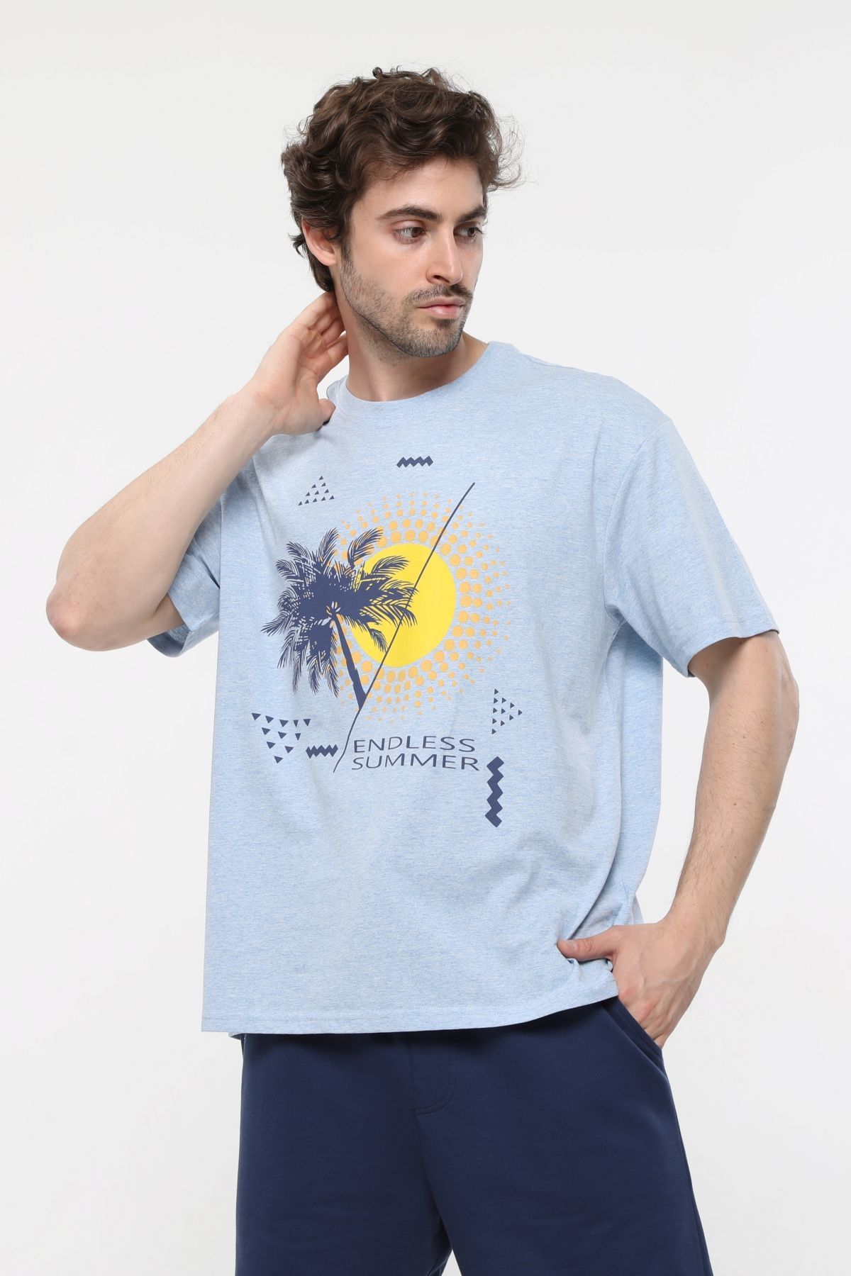 Erkek Bisiklet Yaka Kısa Kollu Oversize Fit Baskılı Tişört - Rio - Mavi Melanj