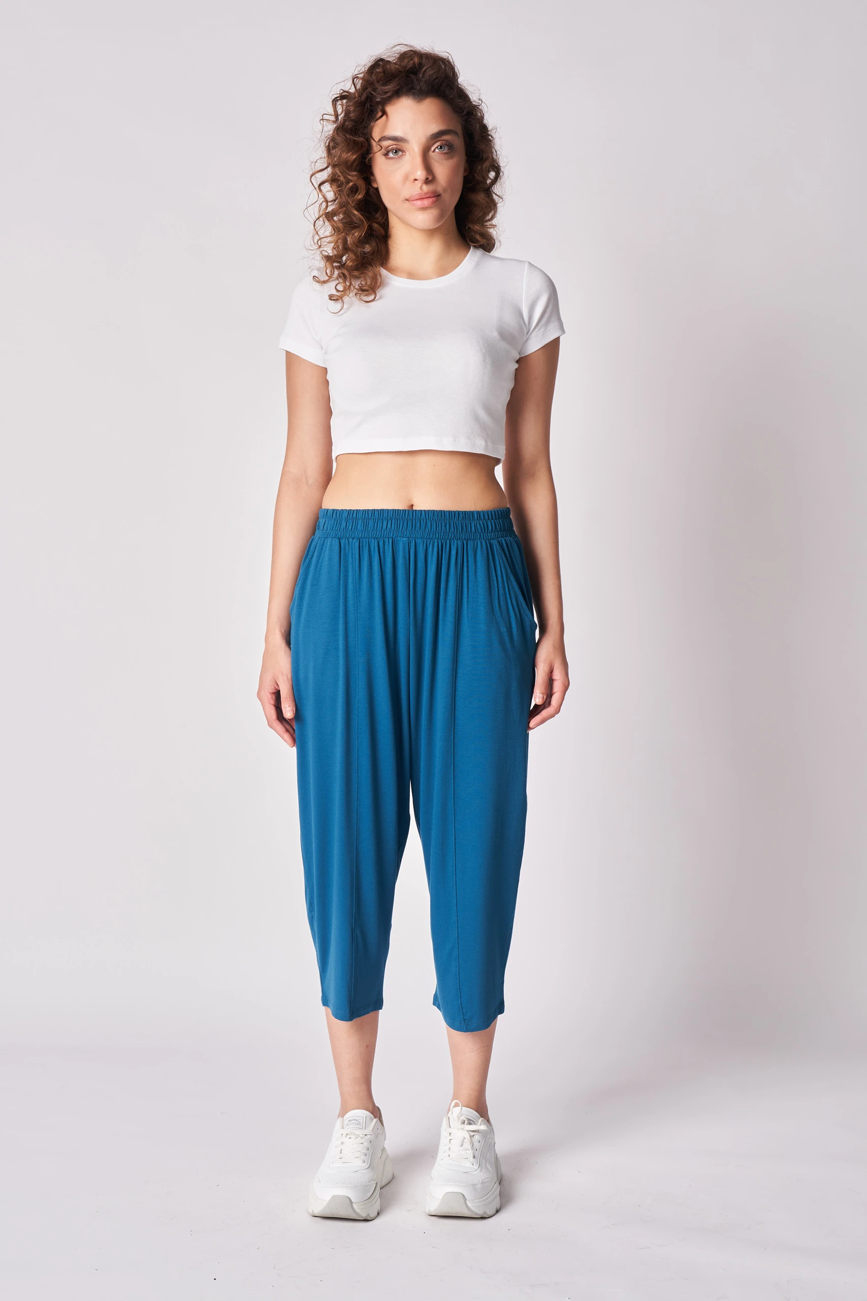 Kadın Beli Lastikli Regular Fit Dikiş Detaylı Şalvar Pantolon - Petrol