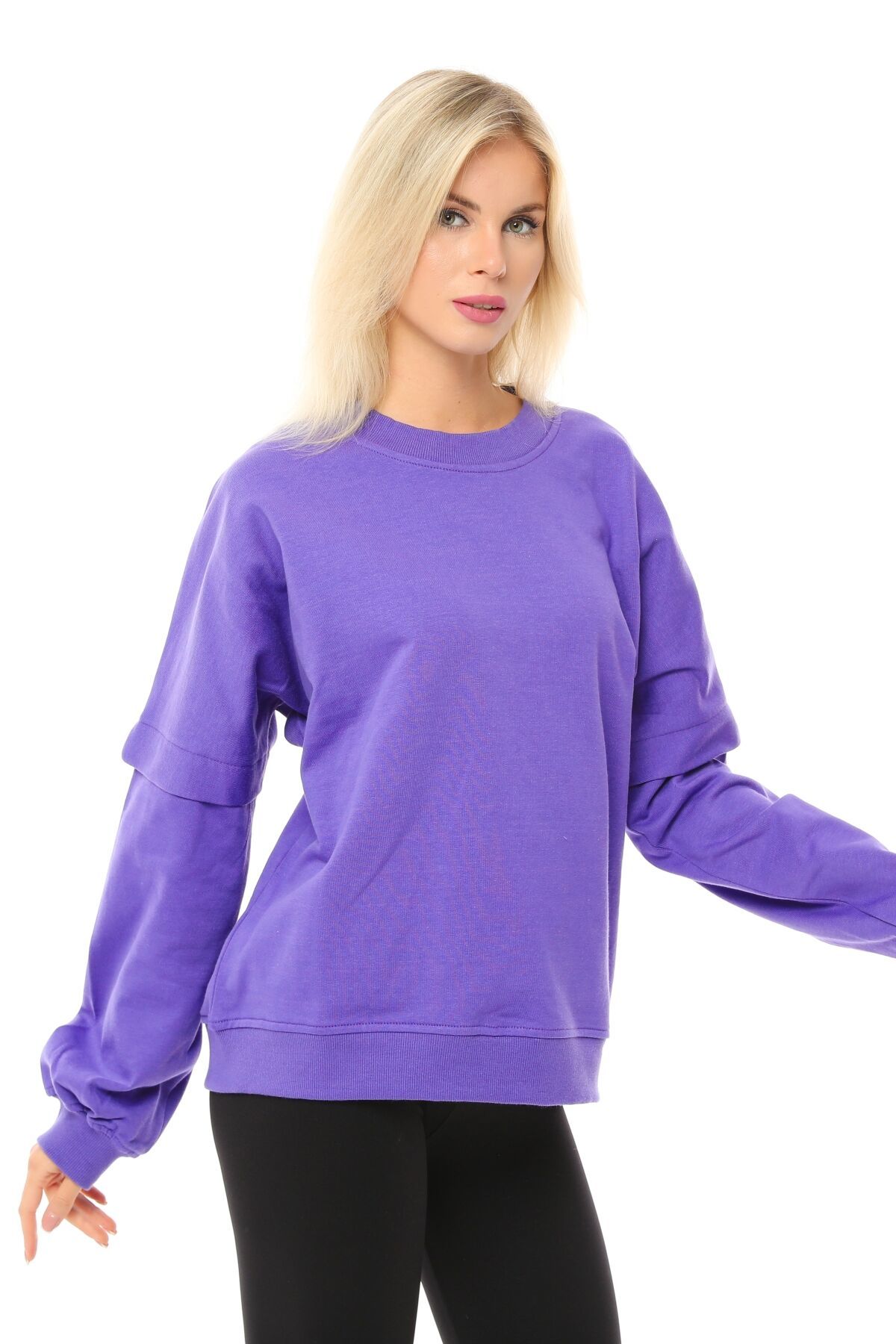 Kadın Bisiklet Yaka Kol Detaylı Oversize Fit Basic Sweatshirt - Mor