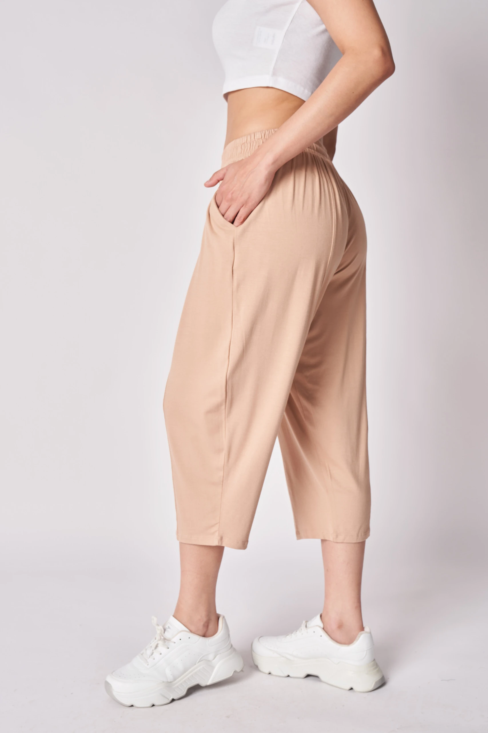 Kadın Beli Lastikli Regular Fit Dikiş Detaylı Şalvar Pantolon - Vizon