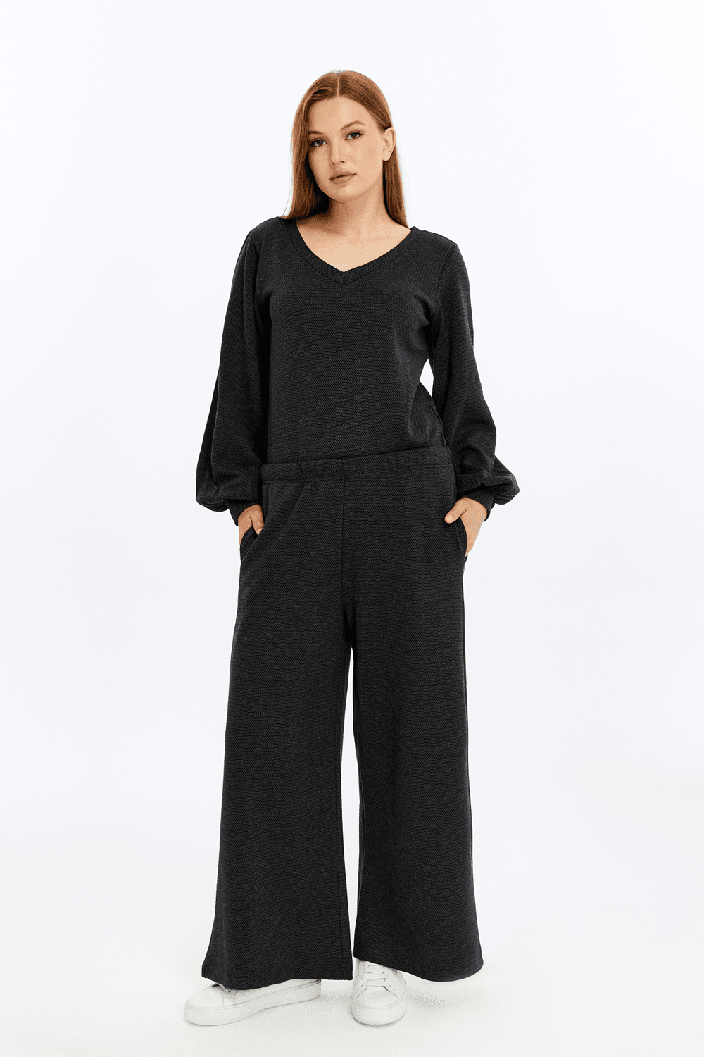 Kadın Bol Paça Cepli Dokulu Regular Fit Pantolon - Antrasit