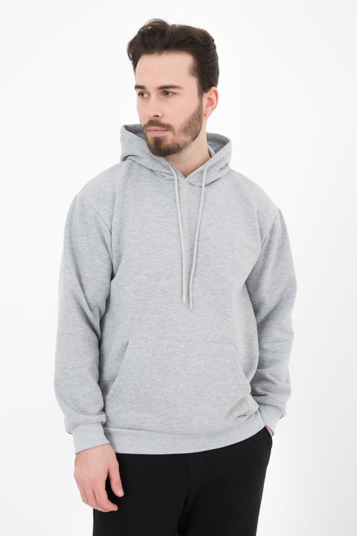 Erkek Kapüşonlu Şardonlu Regular fit Basic Sweatshirt - GRİ