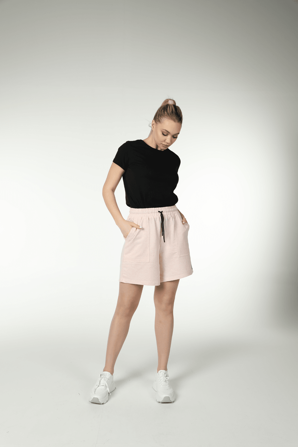 Kadın Beli Lastikli Cepli Etiket Detaylı Regular Fit Şort - PEMBE MELANJ
