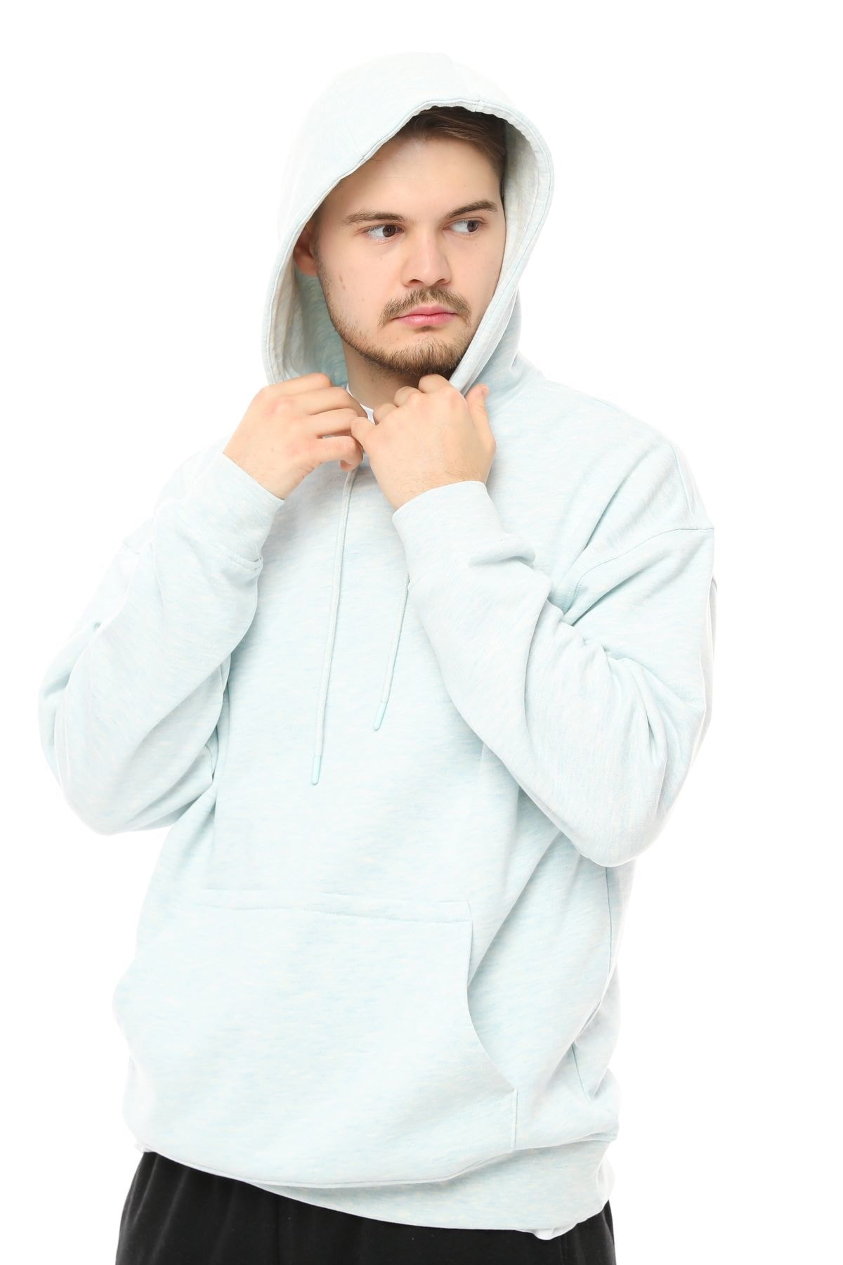 Erkek Kapüşonlu Şardonlu Oversize Basic Sweatshirt - MAVİ MELANJ