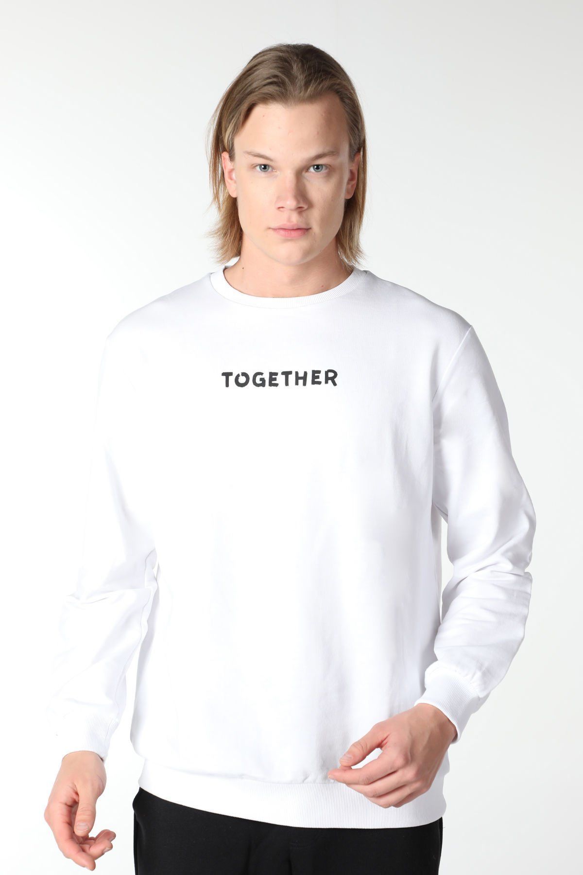 Erkek Bisiklet Yaka Regular Fit Baskılı Sweatshirt Beyaz - Beyaz