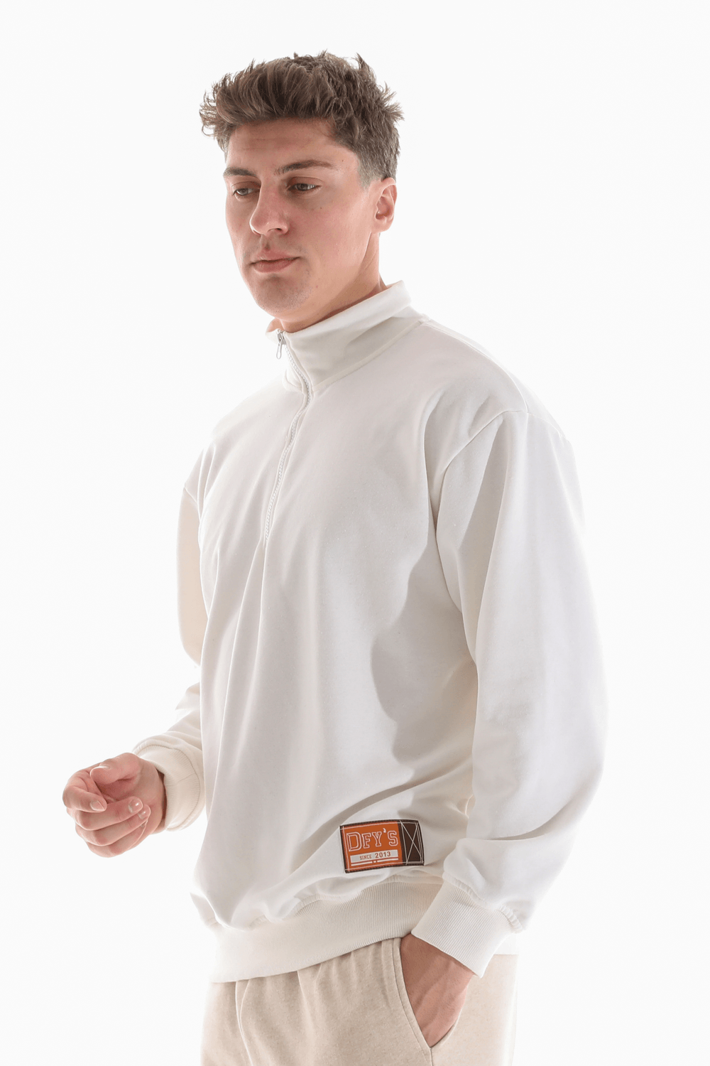 Erkek Dik Yaka Etiket Detaylı Regular Fit Sweatshirt - EKRU