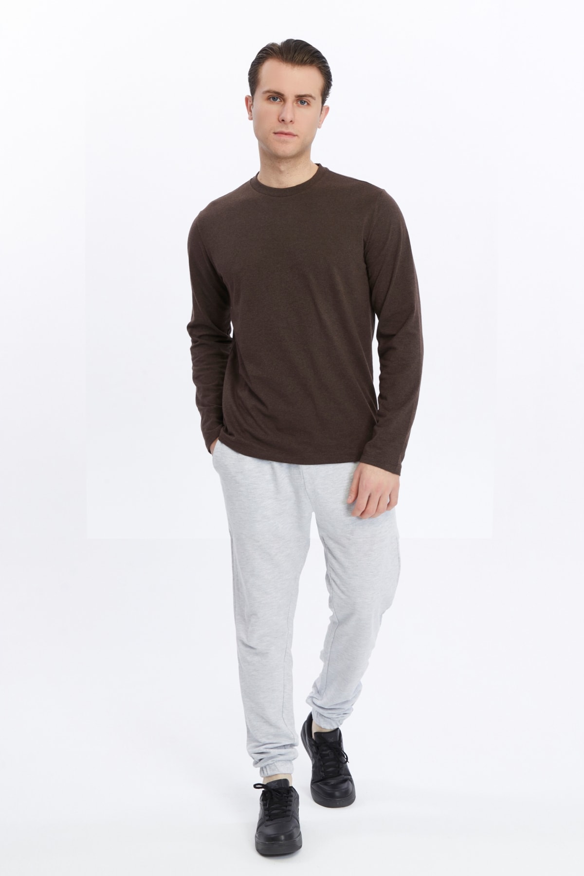 Erkek Bisiklet Yaka Uzun Kollu Regular Fit Basic Tişört - Kahve