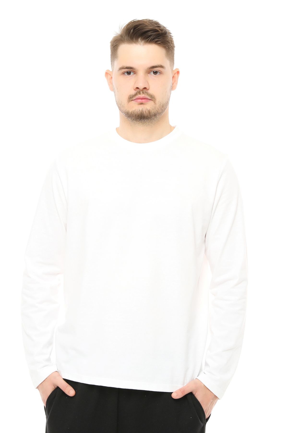 Erkek Bisiklet Yaka Uzun Kollu Regular Fit Basic Tişört - BEYAZ