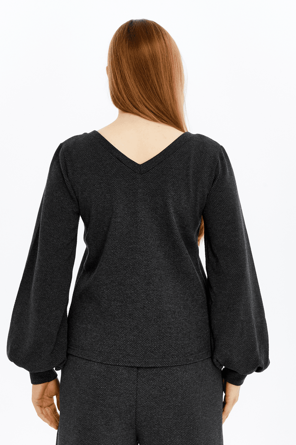 Kadın V Yaka Balon Kol Regular Fit Basic Bluz - Antrasit