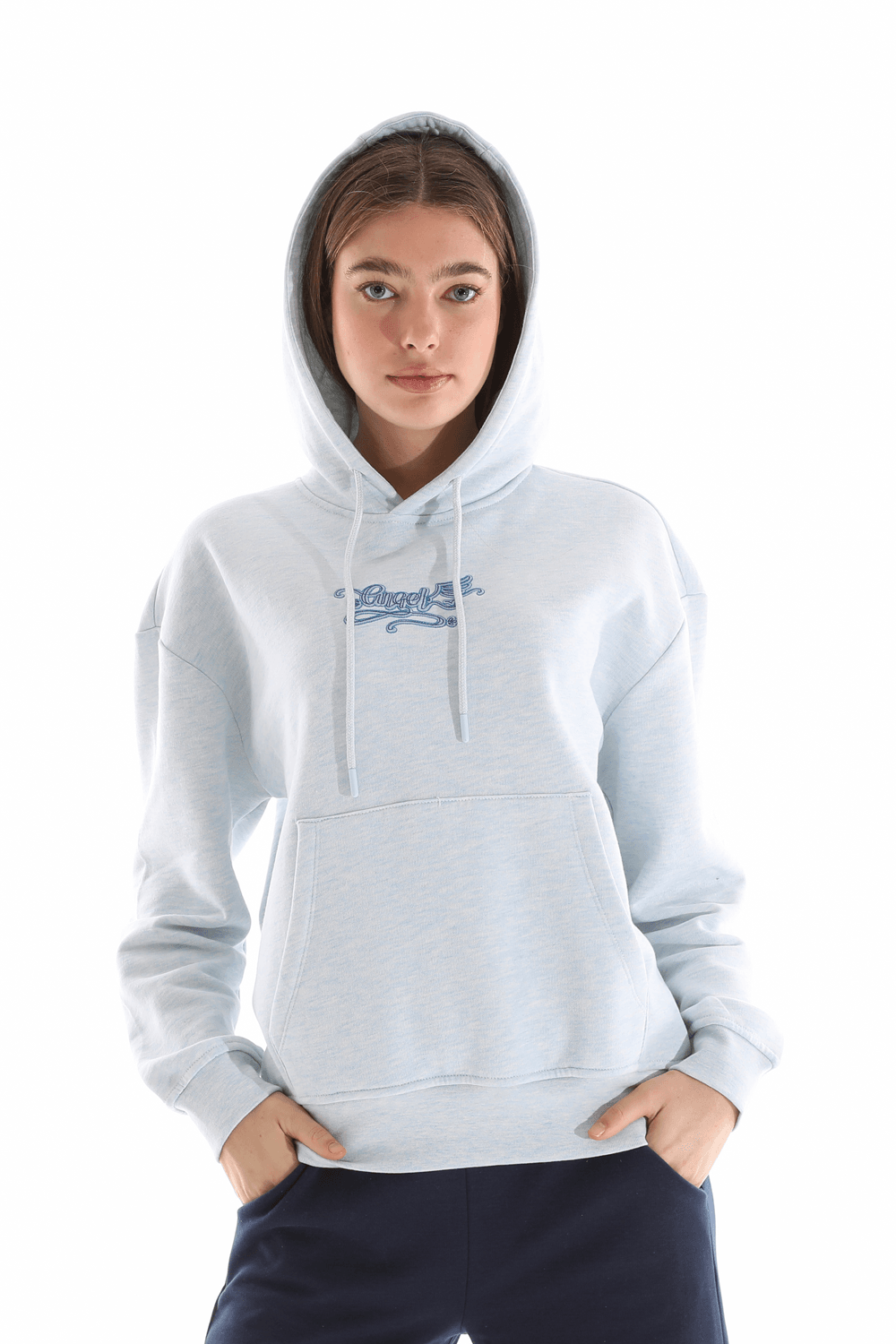 Kadın Kapüşonlu Regular Fit Şardonlu Nakışlı Sweatshirt - MAVİ MELANJ