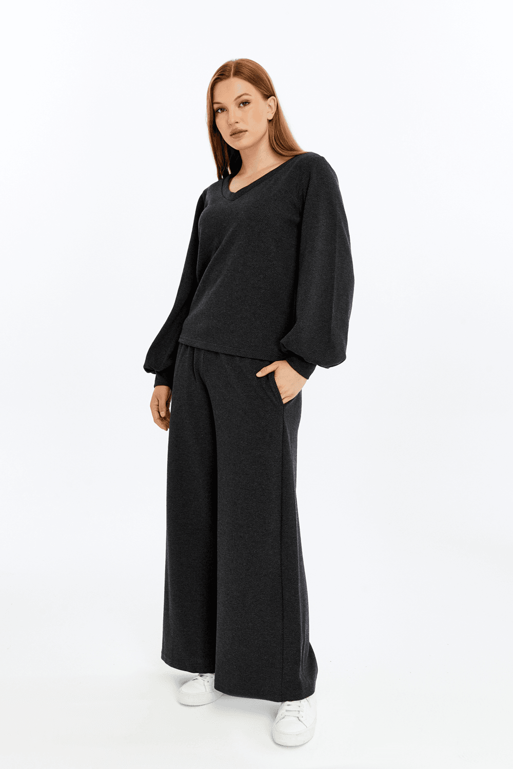 Kadın V Yaka Balon Kol Regular Fit Basic Bluz - Antrasit