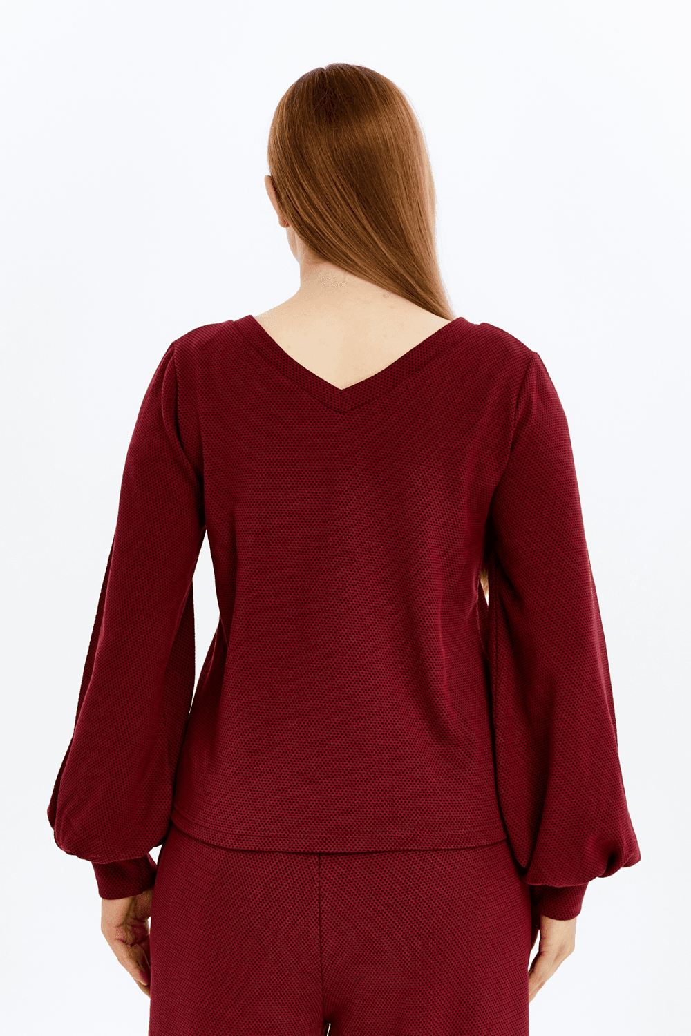 Kadın V Yaka Balon Kol Regular Fit Basic Bluz - BORDO