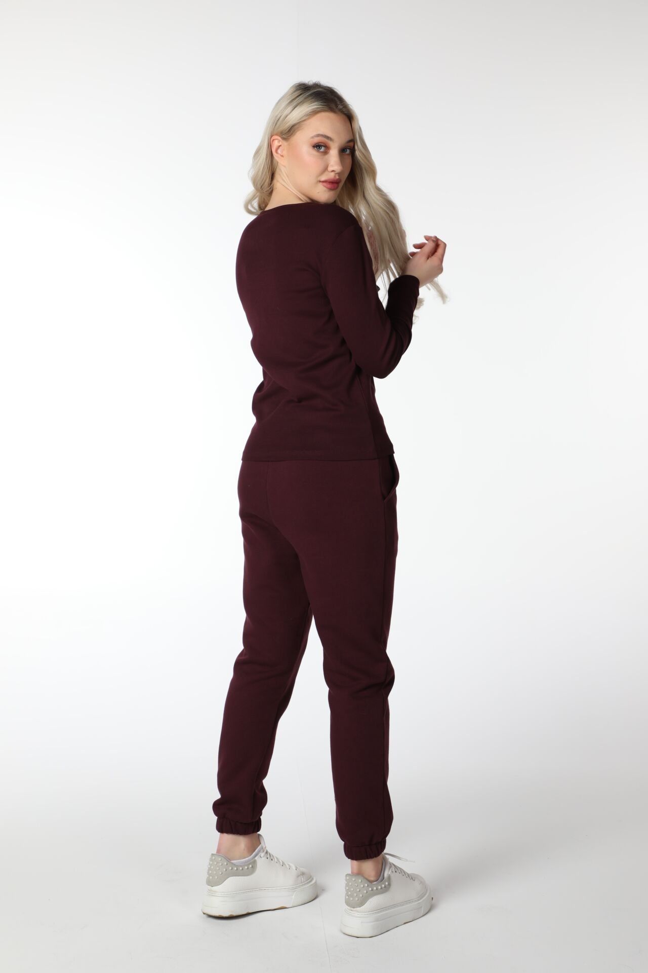 Kadın Bisiklet Yaka Uzun Kollu Regular Fit Basic Tişört - Bordo