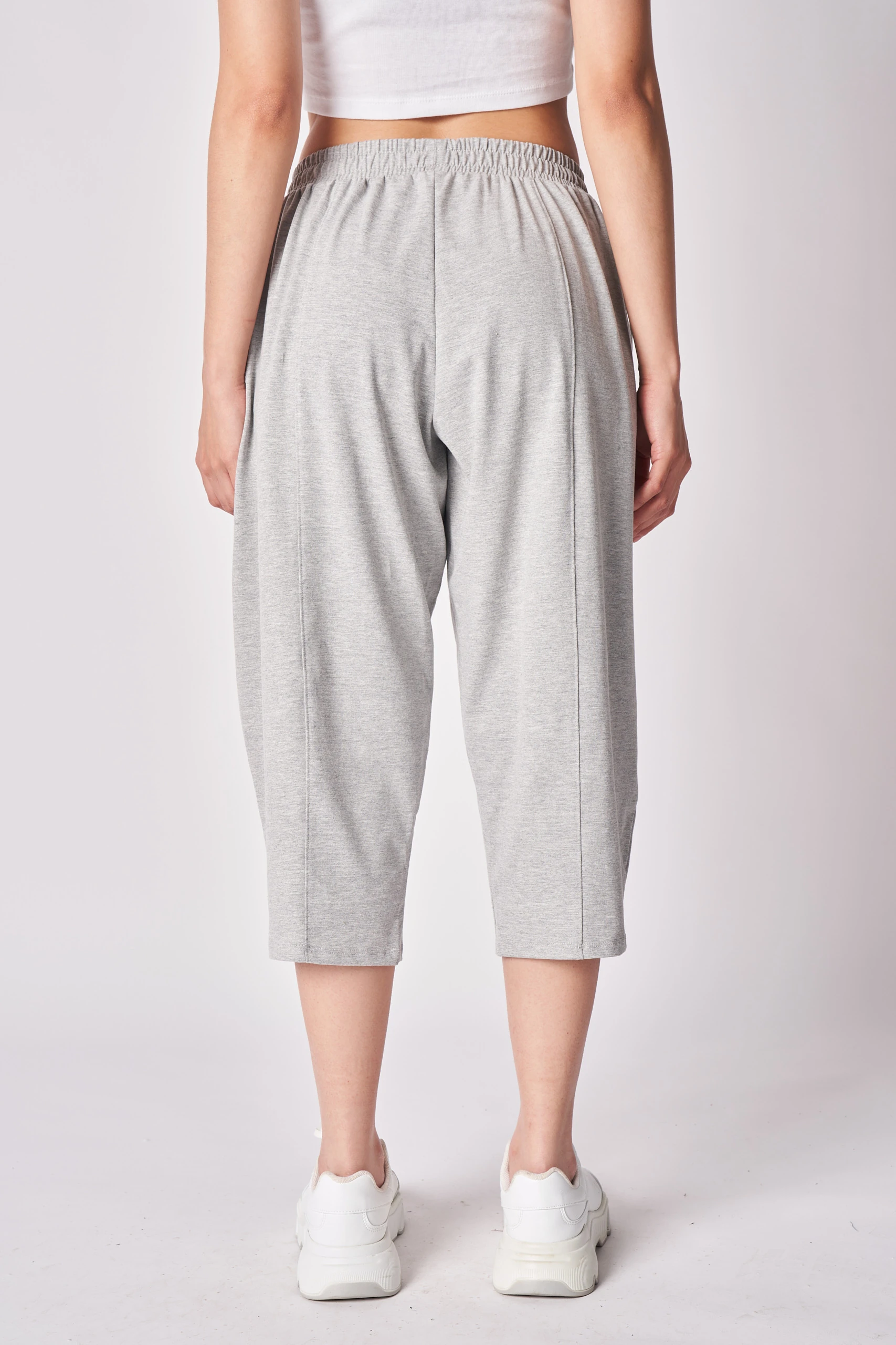 Kadın Beli Lastikli Regular Fit Dikiş Detaylı Şalvar Pantolon - Gri Melanj