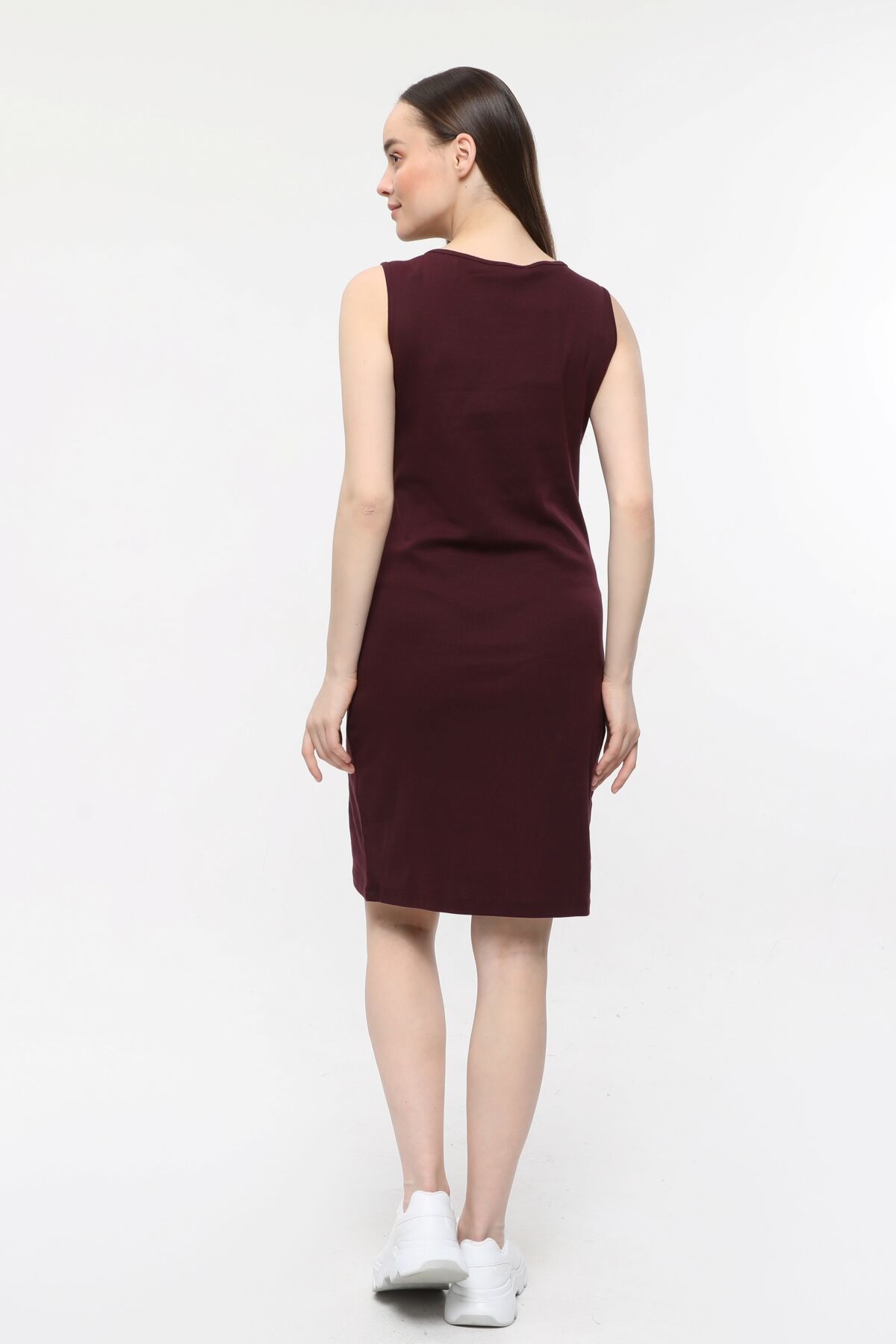 Kadın U Yaka Sıfır Kol Regular Fit Çizgili Elbise - Bordo