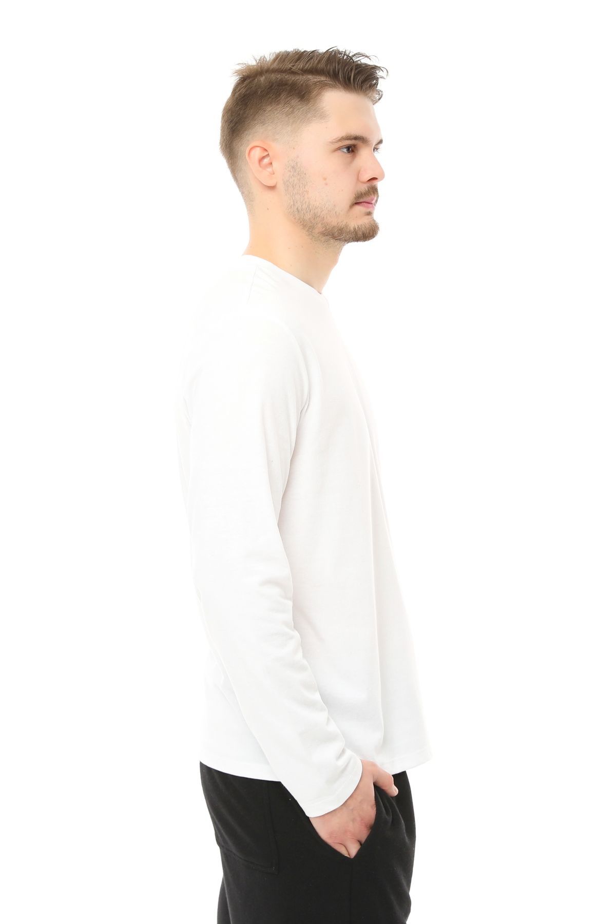 Erkek Bisiklet Yaka Uzun Kollu Regular Fit Basic Tişört - BEYAZ