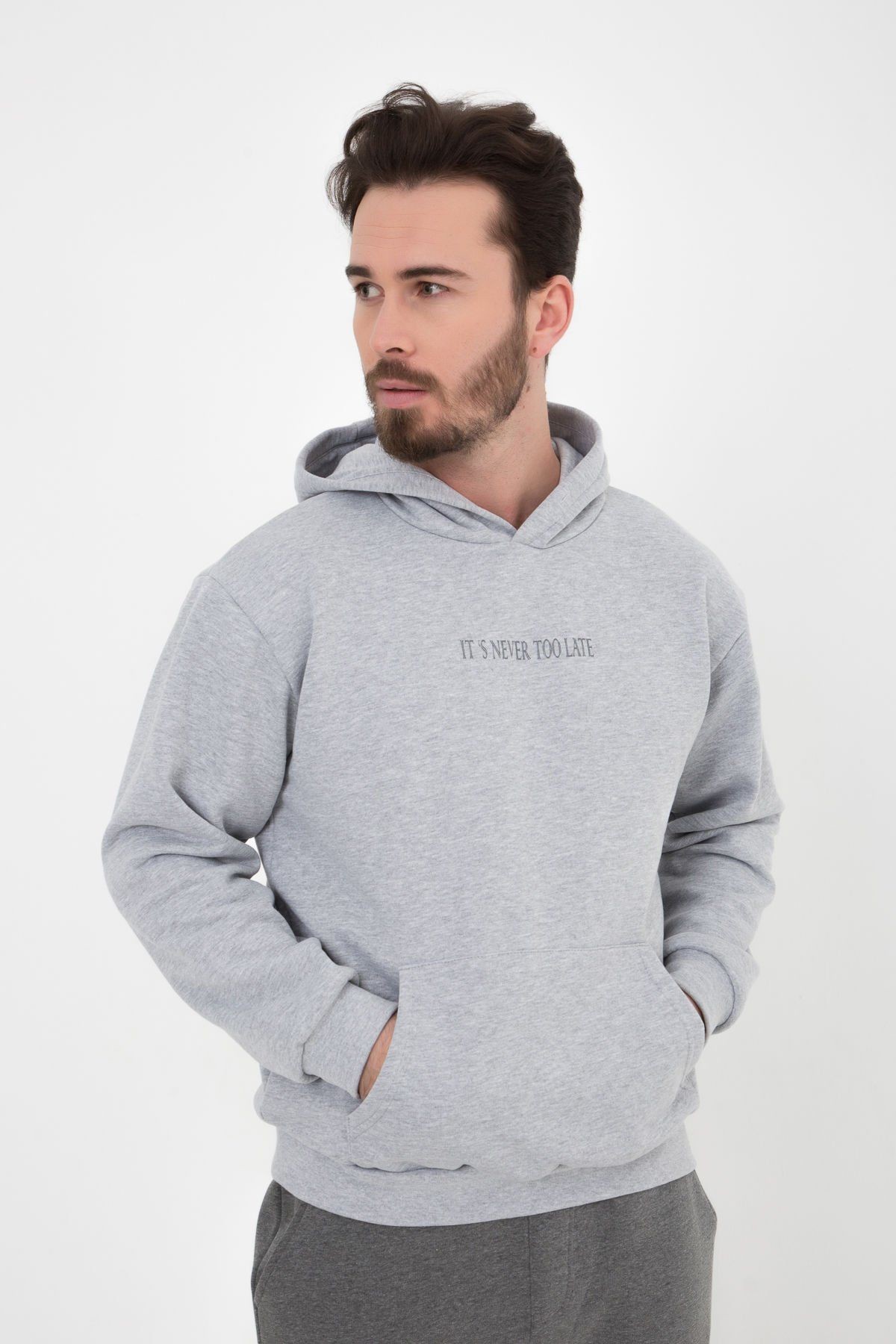 Erkek Baskılı Kapüşonlu Sweat - GRİ