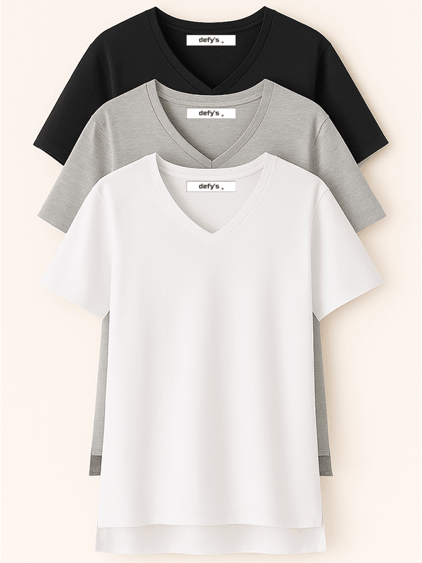 Kadın 3'lü Basic Regular Fit V Yaka Arkası Uzun Tişört Seti